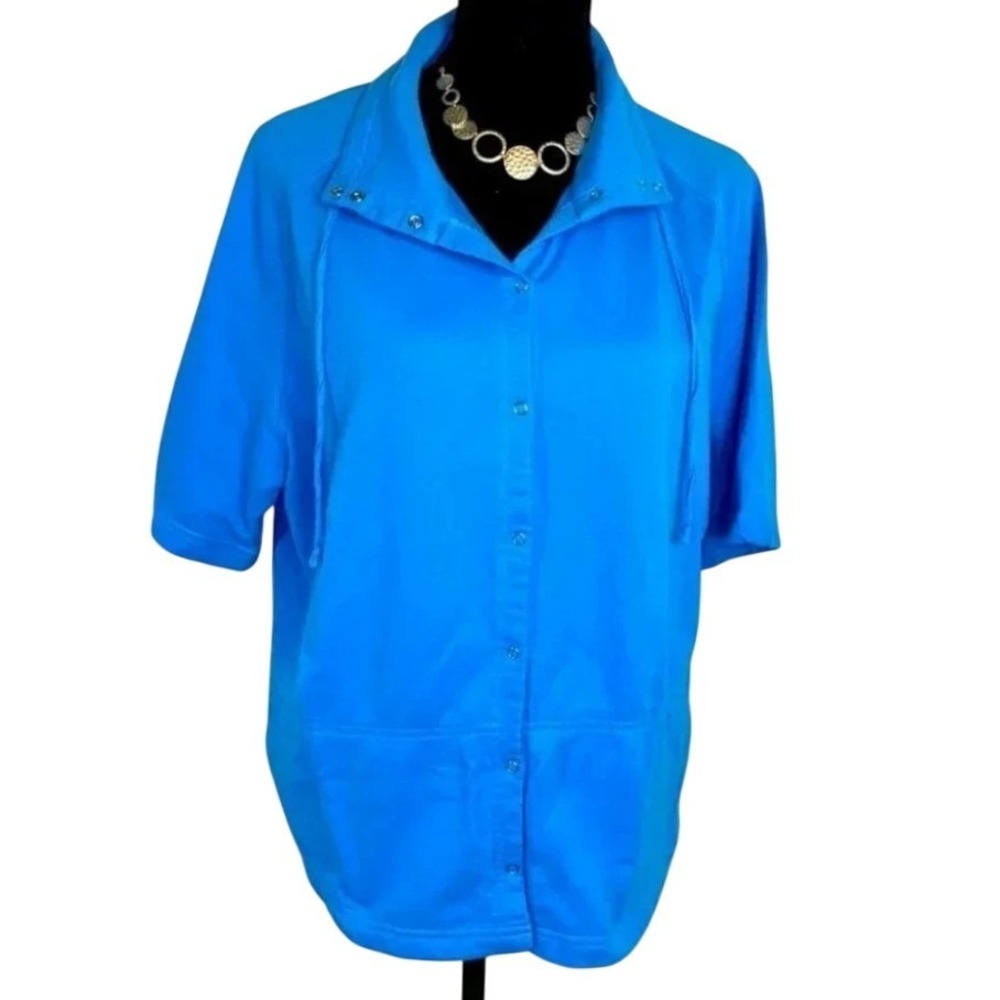 Catalina Short Sleeve Button Front Jacket L Geyser Blue Cotton Blend‎ Terry Top
